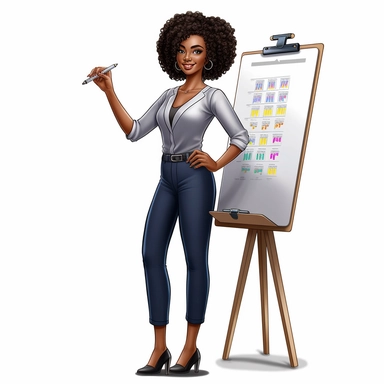 black woman marketing specialist character clipart white background no caption presenting a marketing campaign chart