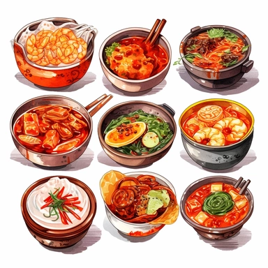 Kimchi, Korean fried chicken, Tokpokki, Ramyeon, Jajangmyeon, Kimbap, Bibimbab, Shabu Shabu, Sundubu jigae, Ginseng chicken soup, korean food, white background, clipart, Object, vector collection, 8k, watercolor