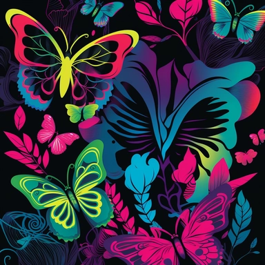 Imagine a stunning and eye-catching clipart pattern featuring neon butterflies and roses intertwined with each other. The colors used in the clipart are bright and vibrant, with electric pinks, purples, blues, and greens creating a dazzling display. The butterflies are rendered in a stylized and modern way, with bold lines and geometric shapes creating a sense of movement and energy. The wings of the butterflies are a mix of bright colors, with each one blending seamlessly into the next to creat