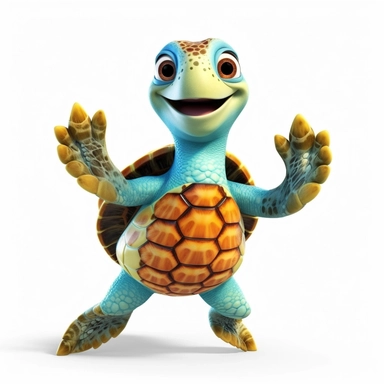 a cute adorable sea turtle with a big smile, dancing, full body image, waving hand, pixar style, clipart, white background