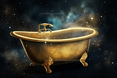 realistic clipart gold bathtub in foggy enchanted outer space, digital painting