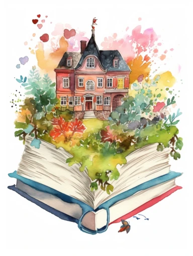 Watercolor clipart with white background, open book, magical fantasy kingdom, secret garden, flat design, clearly defined, high quality clipart
