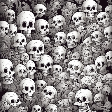 black and white coloring page for adults, lots of skulls , in the style of ominous vibe, monochromatic white figures, fine lines, creative commons attribution, wallpaper, childs drawing, animated exuberance, no shading, clipart