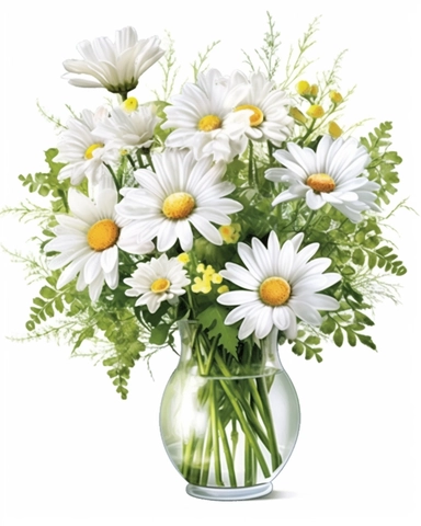 detailed vibrant watercolor bouquet of white daisy flower in glass vase with water on white space , isolated on white background, realistic, clipart