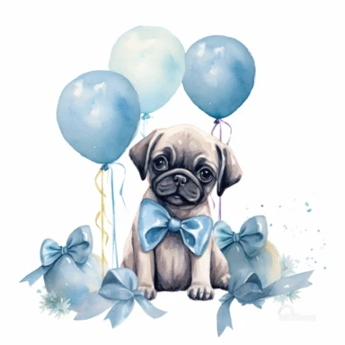 watercolor clipart white background moving living blue cartoon cute puppy pug dog birthday