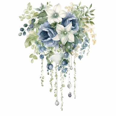 a beautiful long and hanging wedding bouquet, including gorgious blue bell flowers, white flowers and hanging green ivy, include some metallic silver sparkles or glitter as detail and some small hanging ornaments , light colors, creative, watercolors, on white background, for clipart