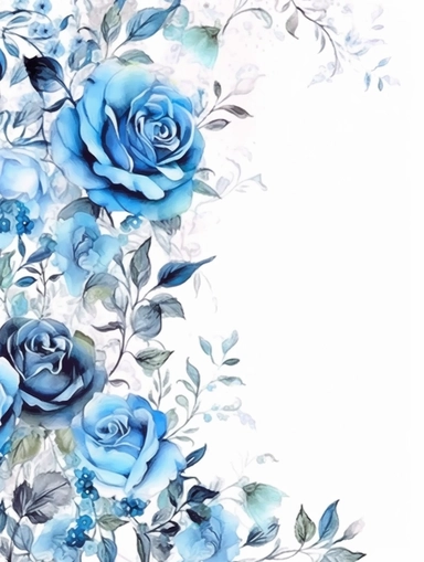 vintage beautiful victorian shabby chic blue roses border on white background, blue theme, watercolor illustration, clipart