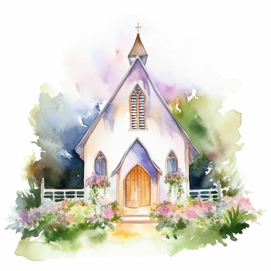 watercolor painting of wedding chapel clipart on plain white background, painted in the style of chiho aoshima