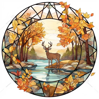 A decagon-shaped stained glass window clipart, showcasing a tranquil autumn scene with falling leaves and a deer by a stream. Rendered in a hand-drawn, watercolor style with a white background for easy cutting.