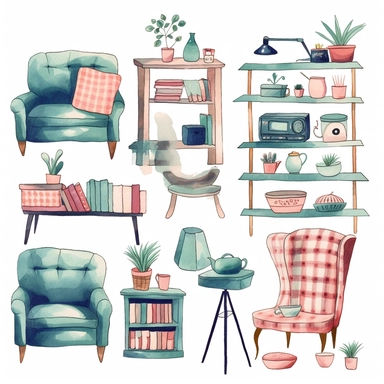 clipart furniture watercolor flat color simple lines cute cartoon white background