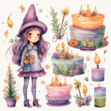Watercolor witch character clipart sheet with a birthday theme, candles a big cake, deserts, herbs and flowers, pastel colors, different pallets, very sweet and whimsical , isolated the elements separate them with a margin in a white background