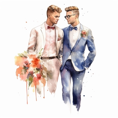 Watercolor drawing of a handsome freamy gay couple, men wedding, romantic watercolor clipart, white background, isolated on white, 8k, watercolor style