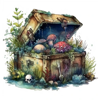 Horror style overrealistic mystical rusted treasure chest covered mosses and seashells bottom of the sea with watercolor effect, old rusted skull, dark blue water, dark green mosses, deep water, sea plants, coral and mussel, , random fishes, undersea details, suitable for digital clipart, white background