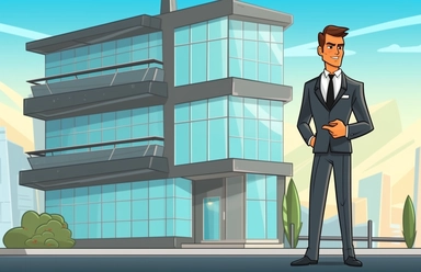 clipart cartoon businessman standing near a building, in the style of lucid developments of his subjects, animated gifs, firecore, uhd image, commercial imagery