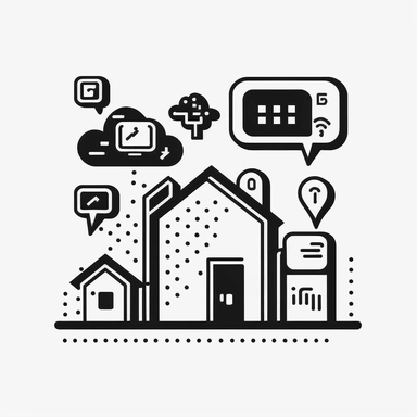 black and white flat abstracted fun modern line-art clipart design illustrations depicting a smart home and user device notifications and alerts