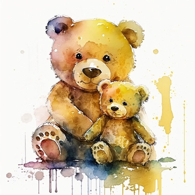 clipart of watercolor style, smiling yellow mother teddy bear with her cute baby boy bear, cinematique,smiling face, hight detailed,no texte, no deformed, dynamic pose v4