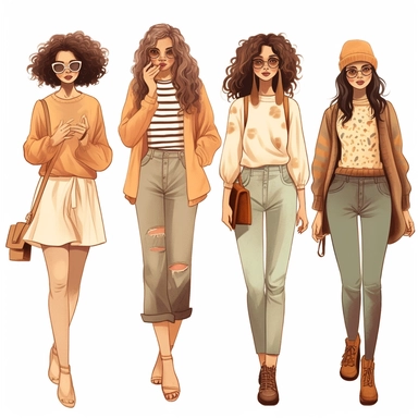 create a women's fashionable clipart illustration showcasing the unique blend of minimalist, millennium generation, oversized plaid shirts, retro pastel, and earth tone fashion trends seen in hipster clothing styles. Incorporate elements like vintage-inspired denim, oversized glasses, chunky knit sweaters, skirts, tote bag, coffee tumblr, and sneakers in muted pastel hues. Capture the essence of the hipster subculture with an artistic composition that celebrates individuality and a modern, laid-