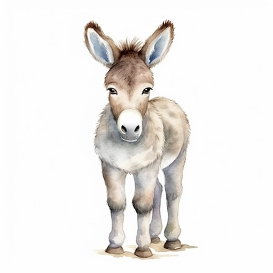 a harmonious baby donkey with kind eyes clipart with watercolor illustration,full body shot,8k,etsy style, white background