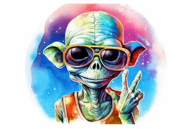 alien giving a peace sign, colorful vibrant watercolor clipart