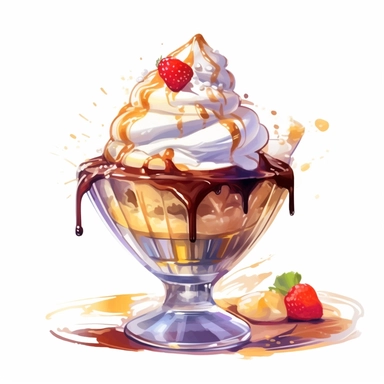 a drawing of a dessert featuring candy and whipped cream, icecream sundae, chocolate icecream, chocolate sauce, chocolate sauce dripping, glass bowl, in the style of pastel toned, shiny/glossy, fantasy realism, caffenol developing, warmcore, #screenshotsaturday, rubens, white background, isolated, free brushstrokes, watercolor illustration, clipart,