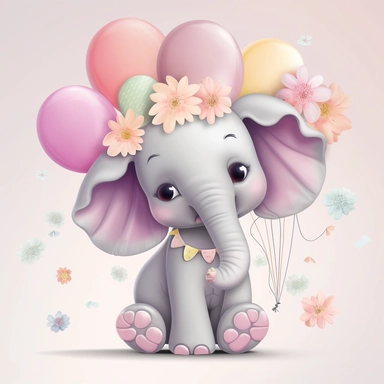 a detailed very colorful vector Clipart image sticker of a beautiful majestic magical floral smilling baby elephant and pastel pink balloons colors holding balloons with a white background, pastel light colors, fall colours, gold ropes, photorealistic, cinematic, Cinematic, Color Grading, Editorial Photography, Photography, Photoshoot, Shot on 70mm, Ultra-Wide Angle, Depth of Field, DOF, Tilt Blur, Shutter Speed 1/1000, F/22, Gamma, White Balance, Neon, Light, Dark, Light Mode, Dark Mode, High C