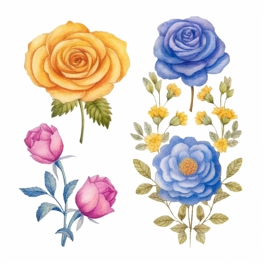 Design a dreamy watercolor clipart of Provence-inspired A cottage-style arrangement of roses, daisies, and cornflowers composition, hand-painted with soft and graceful brushstrokes. Draw inspiration from the artistic finesse of Ethereal Petals Watercolors for a refined and ethereal depiction. isolated on a white background, hand-drawn illustration, hand-painted watercolor texture, 16k UHD resolution, intricately detailed, sharp focal points, designed by Ana Victoria Calderon and Holly Exley, i c