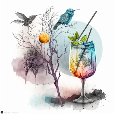 art, moody halloween colors, pencil sketch illustration of winter cocktails, tree branches, boho art, watercolor illustration, Kazuo Kasai, Vincent van Gogh, sticker art, clip art, hyper realistic, clean art, clear borders, grunge, isolated art on white rough texture background