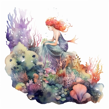 Mermaid sitting on a coral reef, white background, watercolor clipart.