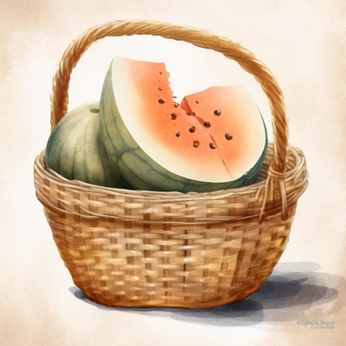Create a stunning watercolor clipart of a basket with Cantaloupe. Emphasize the contrast between the Cantaloupe and rustic texture basket. while incorporating subtle shadows and highlights to give the image depth and realism. Use realistic textures and colors. pure white background.