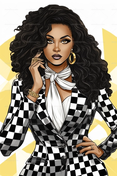 Cartoon Black Skin African American Clipart Plus size Beautiful Rich Woman Wearing black and white houndstooth suit wearing gold jewelry having beautiful face long eyelashes and beautiful lips beautiful long hair confident confident wearing high heels