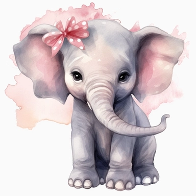 a baby female grey African elephant with a pink bow on head, stood sideways to the camera looking right, watercolour painting transparent background png clipart