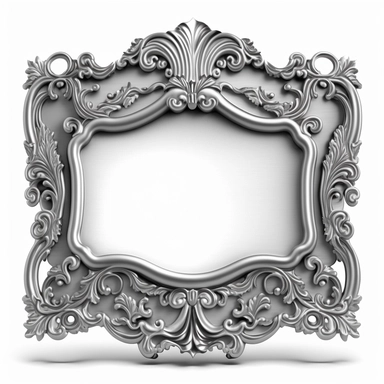 A single vintage silver frame clipart with a glossy, reflective finish and a rounded rectangular shape. The intricate details of the frame are highlighted by the shine of the silver, creating a modern and sleek look. The background is a soft gray with a subtle texture, adding depth and dimension to the design. [1], [2], [3], [4], photography, Close-up macro photography with a wide-angle lens, creating a shallow depth of field and emphasizing the intricate details of the frame. Shot on a Canon EO