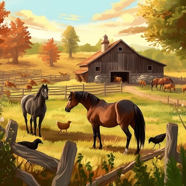 farm scene ponies, horses, clipart