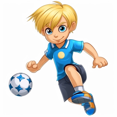 a 8 year old blond boy as a soccer star with long fringe haircut long fringe, as a soccer star, full body, blue eyes, blue eyes, comic style clipart like paw patrol