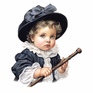Victorian baby, Clipart, black outline, white background, colored pencil