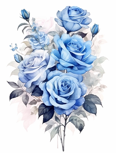 vintage beautiful victorian shabby chic blue roses arrangement on white background, blue theme, watercolor illustration, clipart