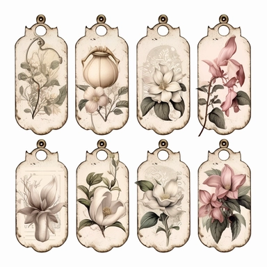 victorian number tags, clipart, isolated, with boquet of magnolia flower and delicate vines