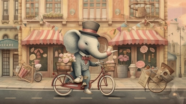 A whimsical chibi-style illustration showing a dapper elephant, trunk swinging in rhythm as he rides an antiquated, large-wheel bicycle. The tuba he carries lets out melodious notes, adding to the jubilant ambiance. The backdrop, a cheerful vintage townscape with cobblestone streets and quaint houses, adds to the storybook charm. Created digitally with a Wacom Cintiq Pro using Clip Studio Paint, utilizing watercolor and pencil brushes for a warm, hand-drawn look