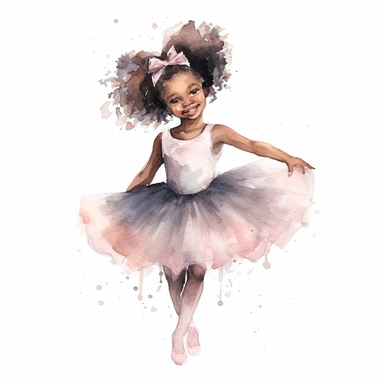 little black girl dancing in tutu, watercolor, pastels, whitebackground, clipart
