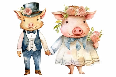 Watercolor clipart of pig in clothes, bride and groom style of Michael Thomas, HD on white backround