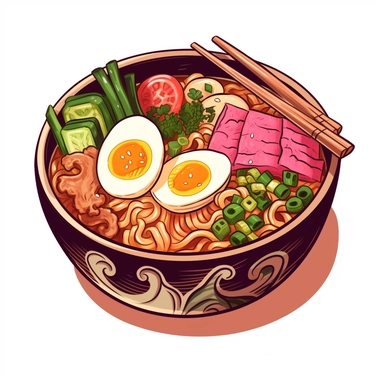 Visualize a hand-drawn, colorful clipart of a steaming hot bowl of ramen, perfect in every detail. The broth appears rich and savory, and the ramen noodles are depicted as thick, soft, and wavy. Topping the bowl are slices of roast pork, a half soft-boiled egg, scallions, and bamboo shoots. It's all set against a bright white background that enhances the tempting colors of the dish.