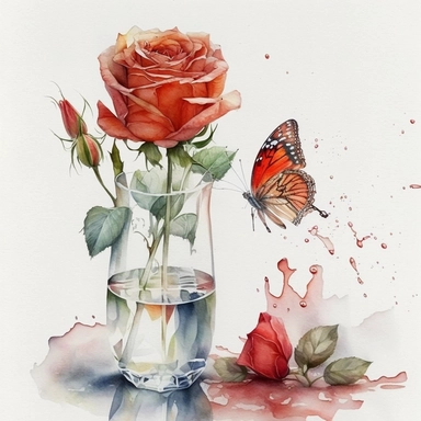 A red rose in a vase with a little bit of water filled up halfway, watercolour clipart, tiny butterfly in the background