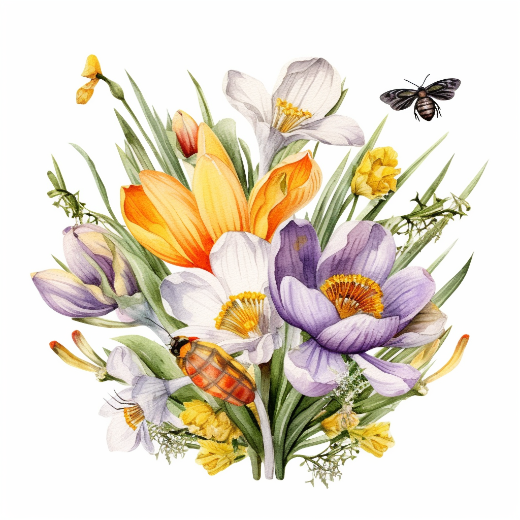 watercolor, spring flower, clipart, leaves, floral, dafodil, tulip ...