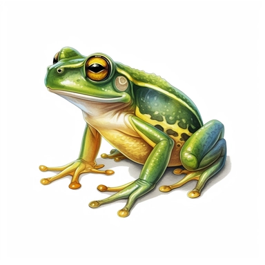 vibrant tropical green frog clipart, watercolor style, hyper realistic, detailed, white background