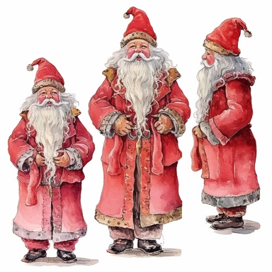spaced apart, seperate, 4 x single, Highly detailed, christmas santa themed Doll, individually spaced, seperate, apart, watercolour clipart, vibrant colours, vibrant design, with white background, individually spaced, seperate, apart, Cut out doll used in Cardmaking, Mixed Media Crafts, as a character sheet, on a white background in the style of Marker drawing by Jasmine Becket - Griffith