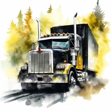watercolour clipart of black freightliner truck driving in the highway