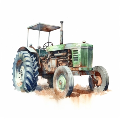 close up realistic watercolor drawing of a rusty green tractor in a farm, on a white background where the background will be removed to repurpose as a clipart.