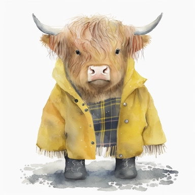 Highland Cow in a yellow coat, Watercolor, Clipart, Farm Animal, clipart
