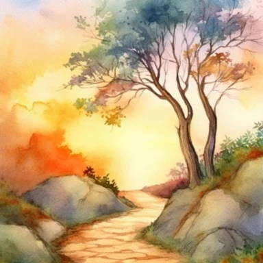 watercolour clipart of a uneven and hilly pathway leading into heavy tree covered area at sunset, serene, peaceful