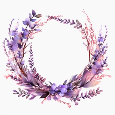Lavender, Watercolor Clipart, Circular Wreath Arrangement, White Background, High Definition, Outlined, Shiny, Neon Lights